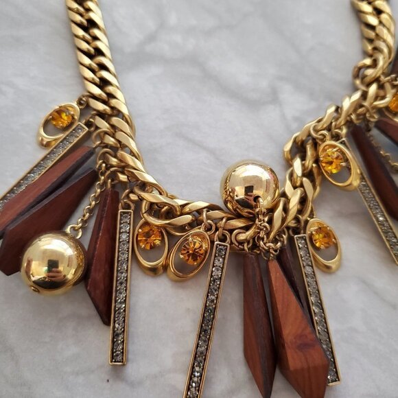 ✨ J.Crew Geometric Wood Rhinestones Crystals Balls Cord Necklace ✨ - Picture 10 of 16